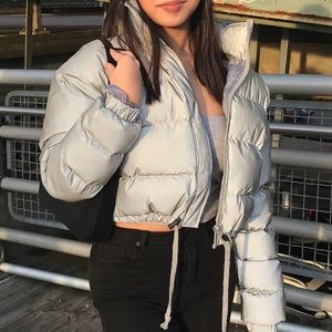 grey reflective puffer jacket